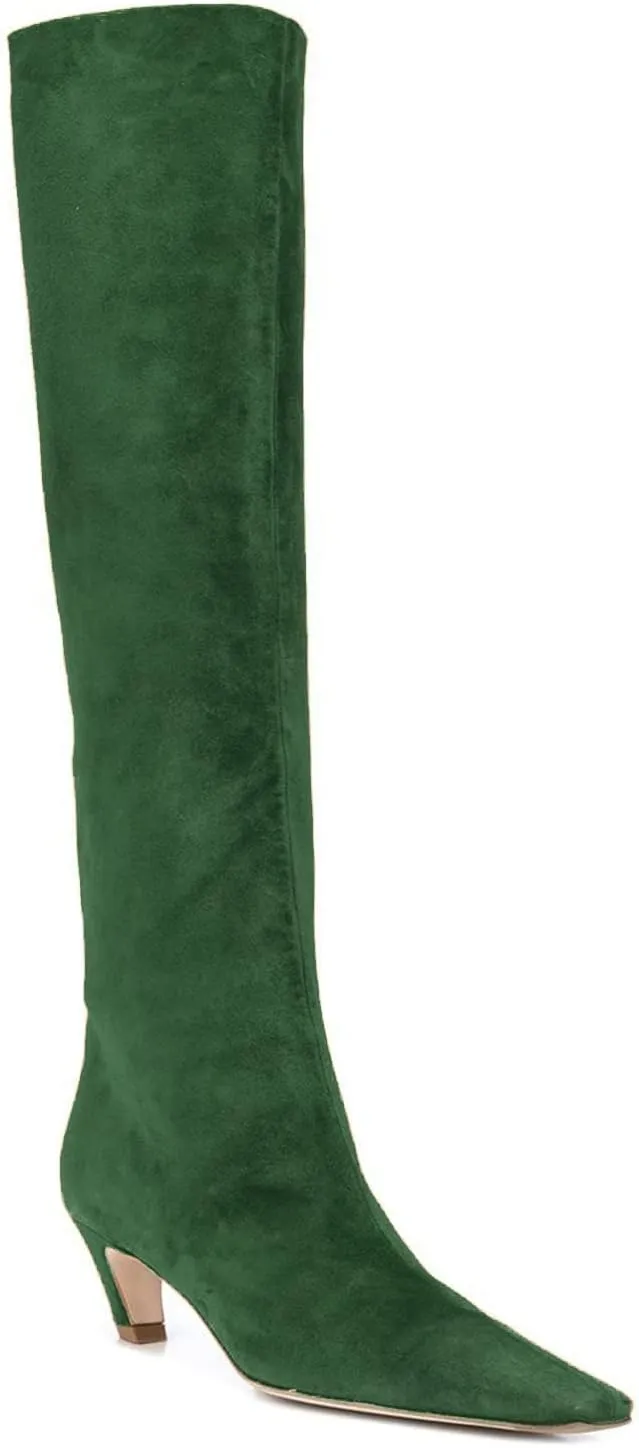 MOOMMO Women Kitten Heel Over Knee High Boots Square Toe Matte Pull On Wide Calf Pleated Low Heel Thigh Boots Stylish Retro Dress Boots Chic Party Comfy 4-11 M US