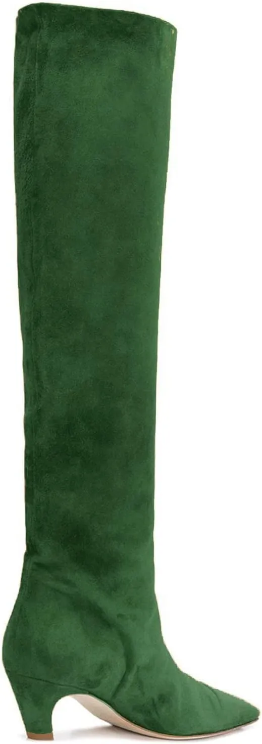 MOOMMO Women Kitten Heel Over Knee High Boots Square Toe Matte Pull On Wide Calf Pleated Low Heel Thigh Boots Stylish Retro Dress Boots Chic Party Comfy 4-11 M US