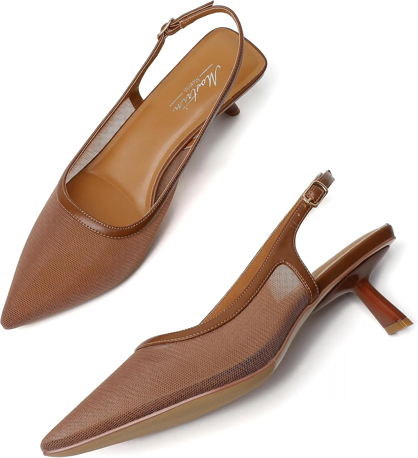 Mostrin Kitten Heels for Women Pointed Toe Pumps Patent Leather Low Heel Slingback Heels with Buckle Dress Shoes for Dating Party Working