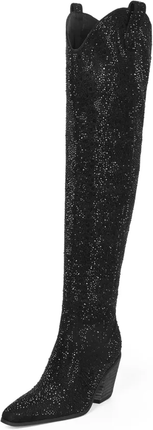 MUCCCUTE Women's Rhinestone Mid Calf Boots Sparkly Block Heel Cowboy Boots Glitter Boots