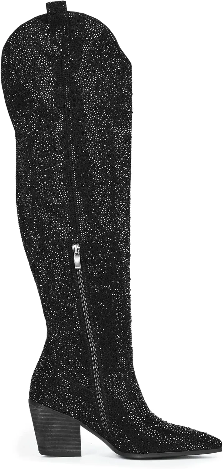 MUCCCUTE Women's Rhinestone Mid Calf Boots Sparkly Block Heel Cowboy Boots Glitter Boots