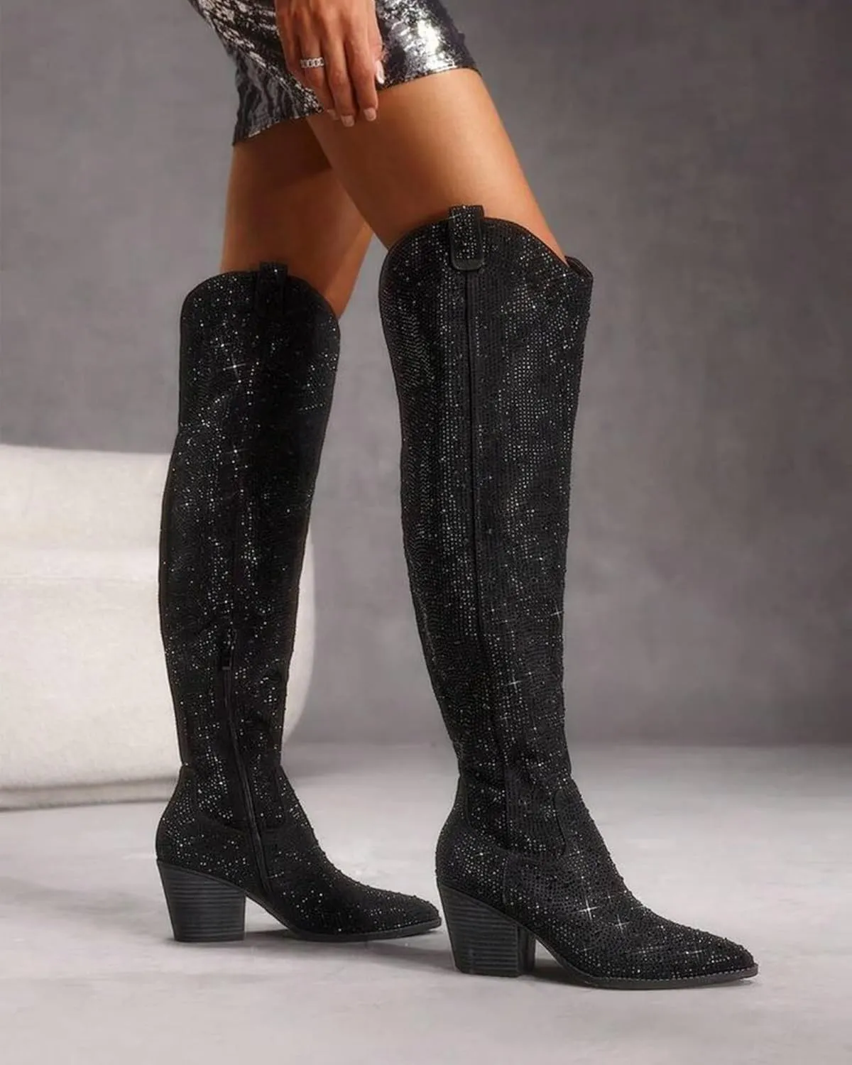 MUCCCUTE Women's Rhinestone Mid Calf Boots Sparkly Block Heel Cowboy Boots Glitter Boots