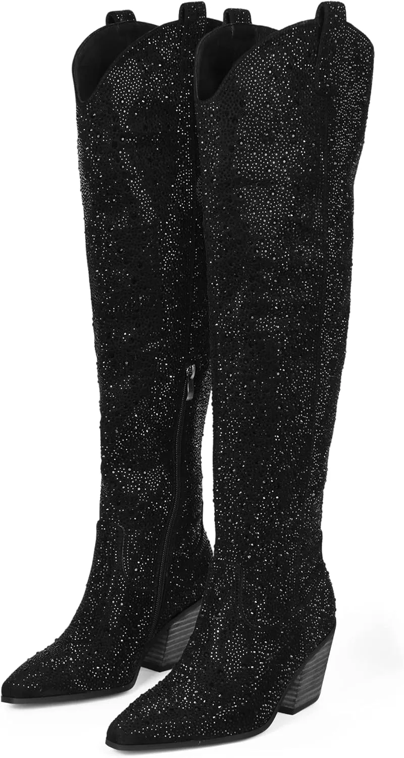 MUCCCUTE Women's Rhinestone Mid Calf Boots Sparkly Block Heel Cowboy Boots Glitter Boots