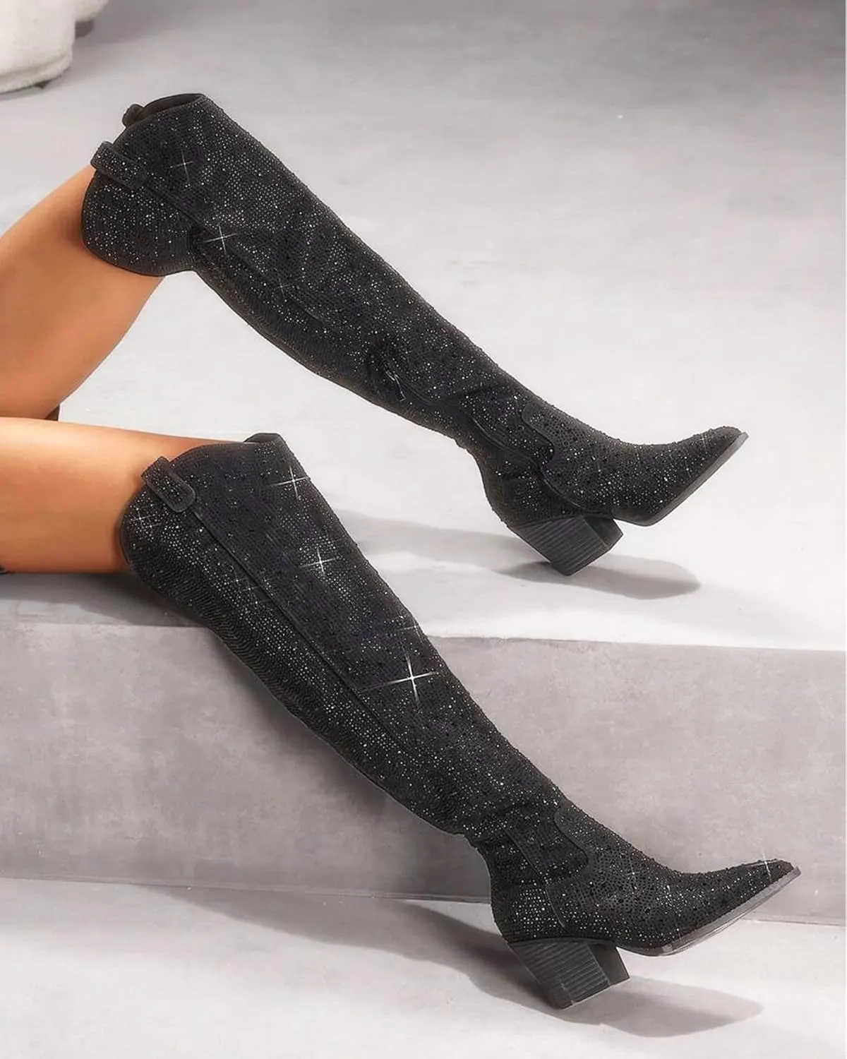 MUCCCUTE Women's Rhinestone Mid Calf Boots Sparkly Block Heel Cowboy Boots Glitter Boots