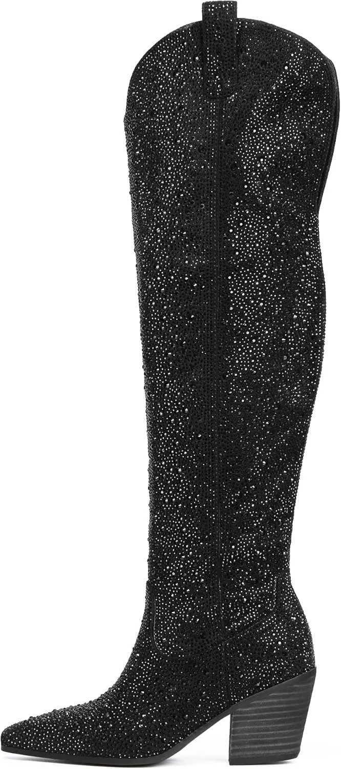 MUCCCUTE Women's Rhinestone Mid Calf Boots Sparkly Block Heel Cowboy Boots Glitter Boots