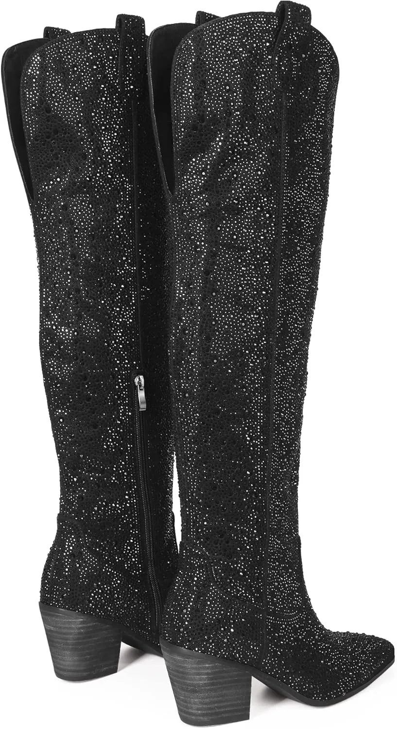 MUCCCUTE Women's Rhinestone Mid Calf Boots Sparkly Block Heel Cowboy Boots Glitter Boots