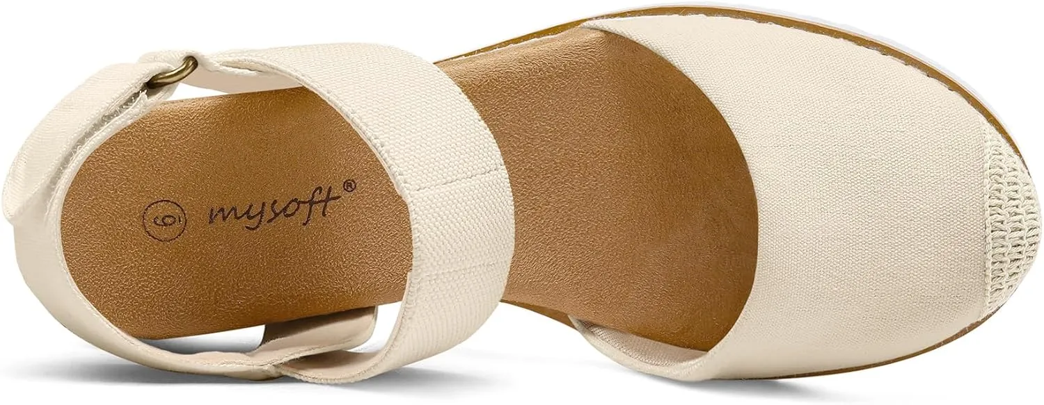mysoft Women's Low Wedge Sandals Comfortable Closed Toe Espadrilles Slip on Elastic Ankle Strap Walking Sandals