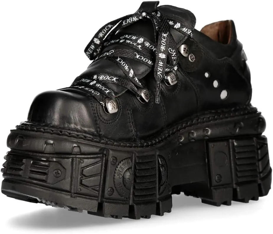 New Rock M-TANK120N Women's Black 100% Leather Goth Platform Punk Metal Ankle Boots
