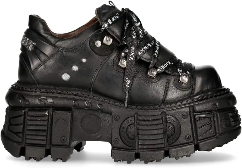 New Rock M-TANK120N Women's Black 100% Leather Goth Platform Punk Metal Ankle Boots