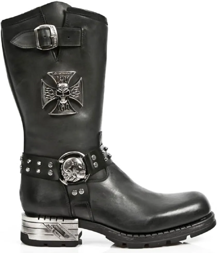 New Rock Newrock M.MR030-S1 Strap Skull Metalic Black Biker Goth Leather Boots