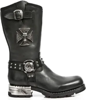 New Rock Newrock M.MR030-S1 Strap Skull Metalic Black Biker Goth Leather Boots