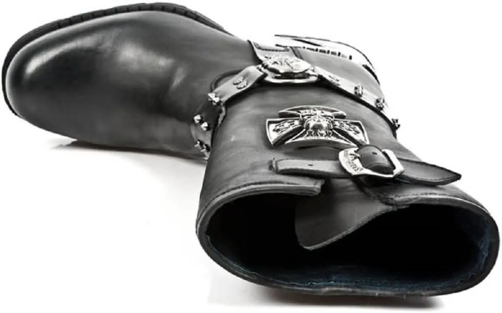 New Rock Newrock M.MR030-S1 Strap Skull Metalic Black Biker Goth Leather Boots