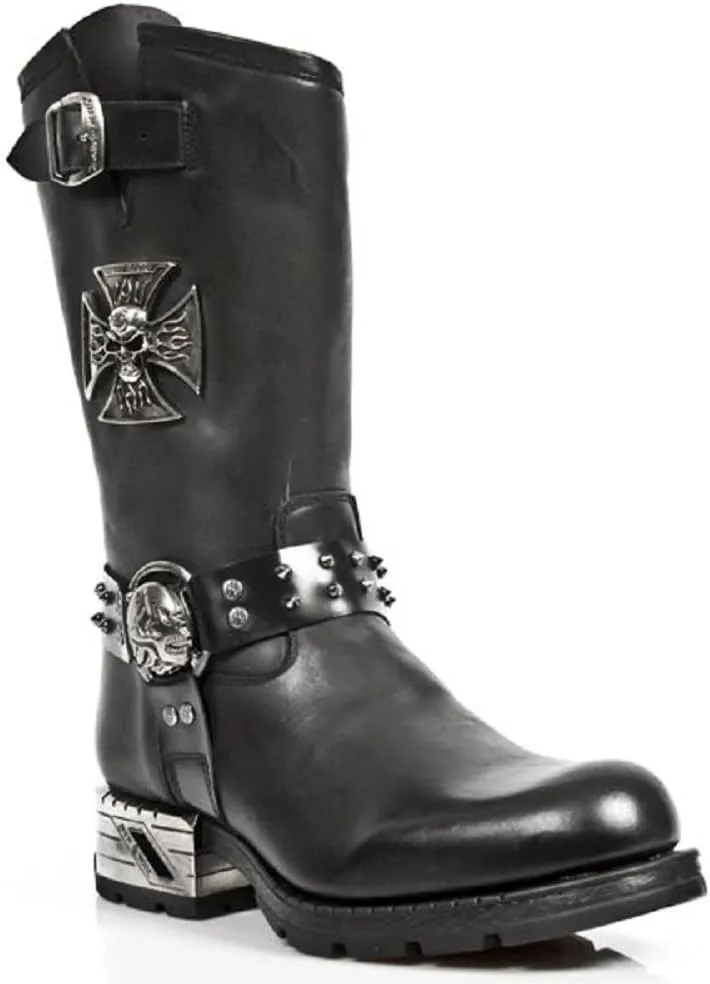 New Rock Newrock M.MR030-S1 Strap Skull Metalic Black Biker Goth Leather Boots