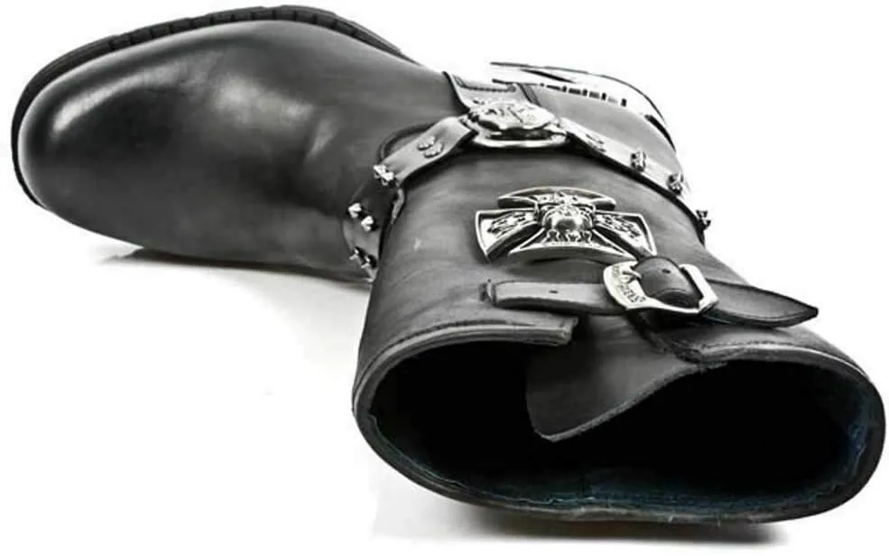 New Rock Newrock M.MR030-S1 Strap Skull Metalic Black Biker Goth Leather Boots