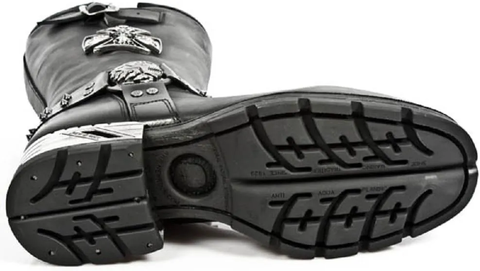 New Rock Newrock M.MR030-S1 Strap Skull Metalic Black Biker Goth Leather Boots