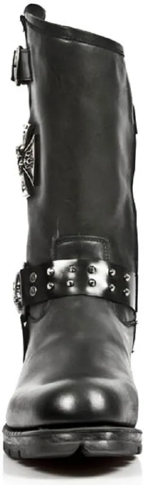 New Rock Newrock M.MR030-S1 Strap Skull Metalic Black Biker Goth Leather Boots