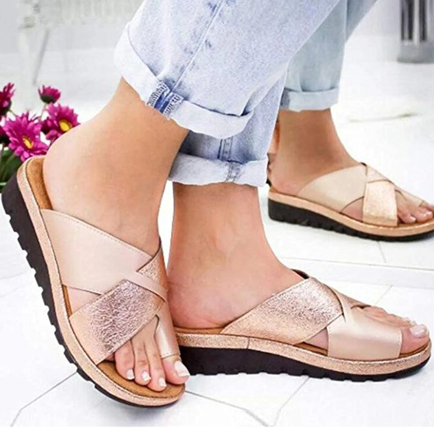 Non-Slip Wedge Sandals for Women Summer Casual Colorblock Cross Strap Slip-on Slippers Comfortable Open Toe Outdoor Home Beach Shoes Flip Flops
