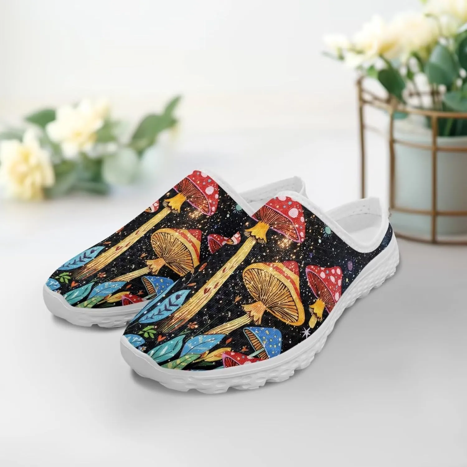 Novelty Mushrooms Women's Slip On Mule Sneakers Anti-Slip Walking Shoes with Elastic Thick Sole for Outdoor Indoor