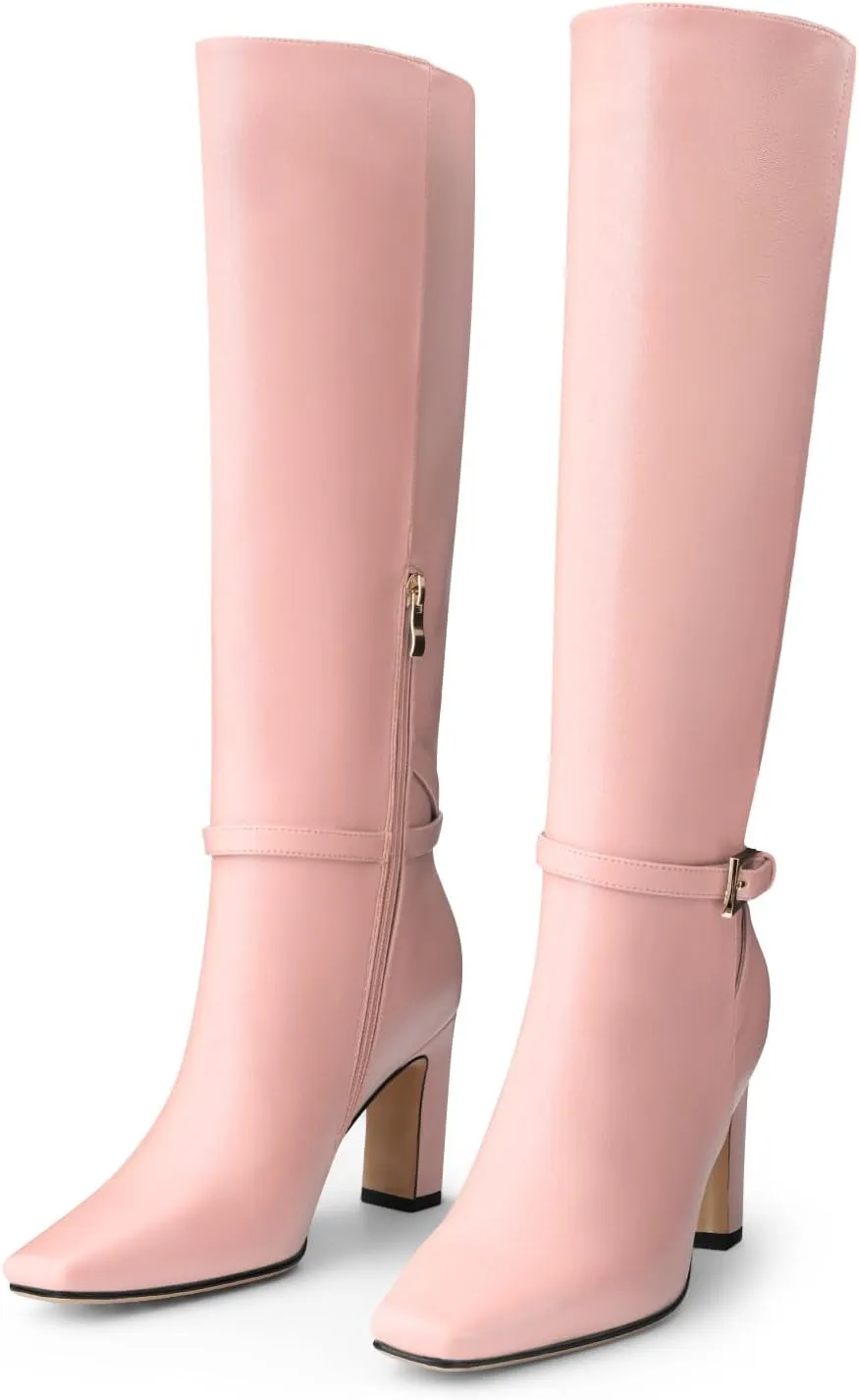Oh Mispares Women's Knee High Boots Chunky Heel Square Toe Tall Boots Side Zipper Fashion Buckle Party Dress Long Boot for Girl