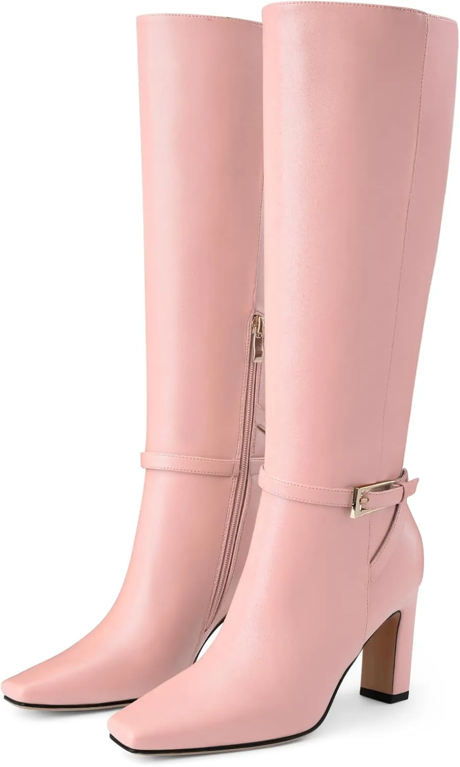 Oh Mispares Women's Knee High Boots Chunky Heel Square Toe Tall Boots Side Zipper Fashion Buckle Party Dress Long Boot for Girl