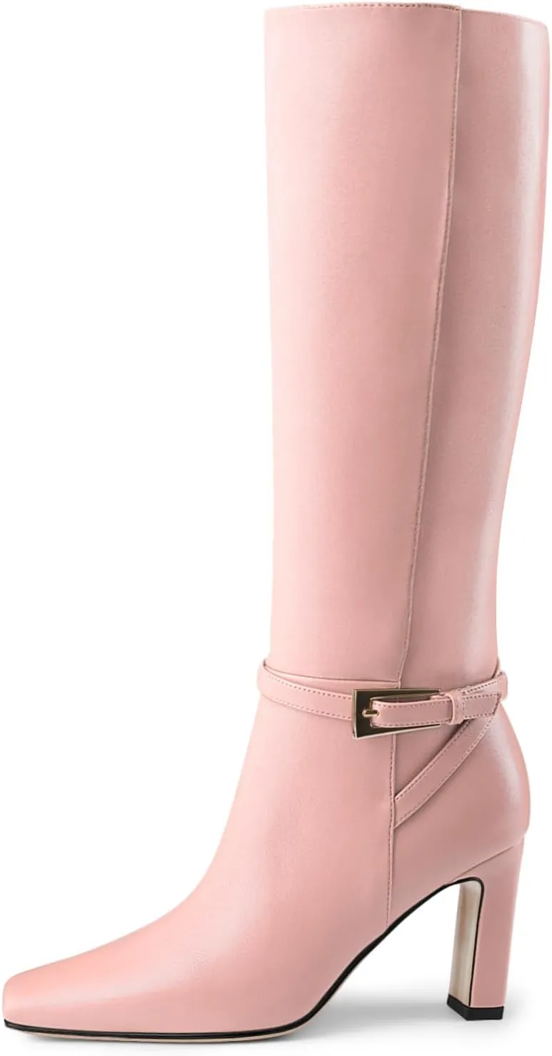 Oh Mispares Women's Knee High Boots Chunky Heel Square Toe Tall Boots Side Zipper Fashion Buckle Party Dress Long Boot for Girl