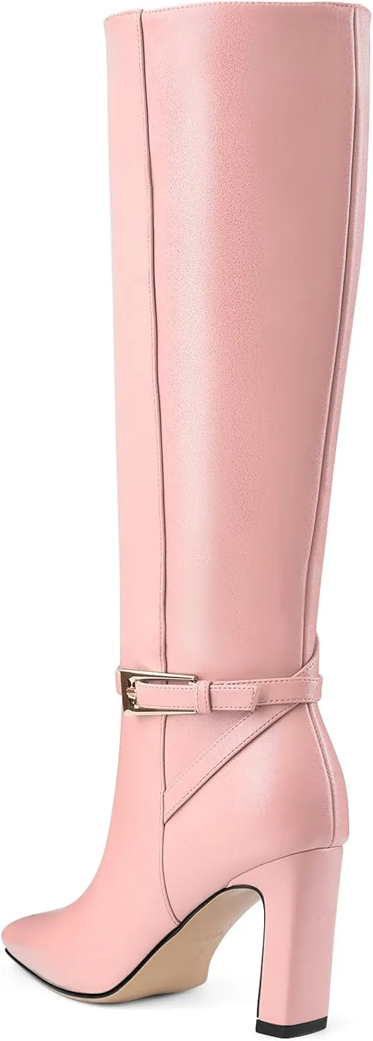 Oh Mispares Women's Knee High Boots Chunky Heel Square Toe Tall Boots Side Zipper Fashion Buckle Party Dress Long Boot for Girl