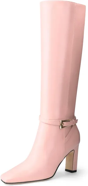 Oh Mispares Women's Knee High Boots Chunky Heel Square Toe Tall Boots Side Zipper Fashion Buckle Party Dress Long Boot for Girl