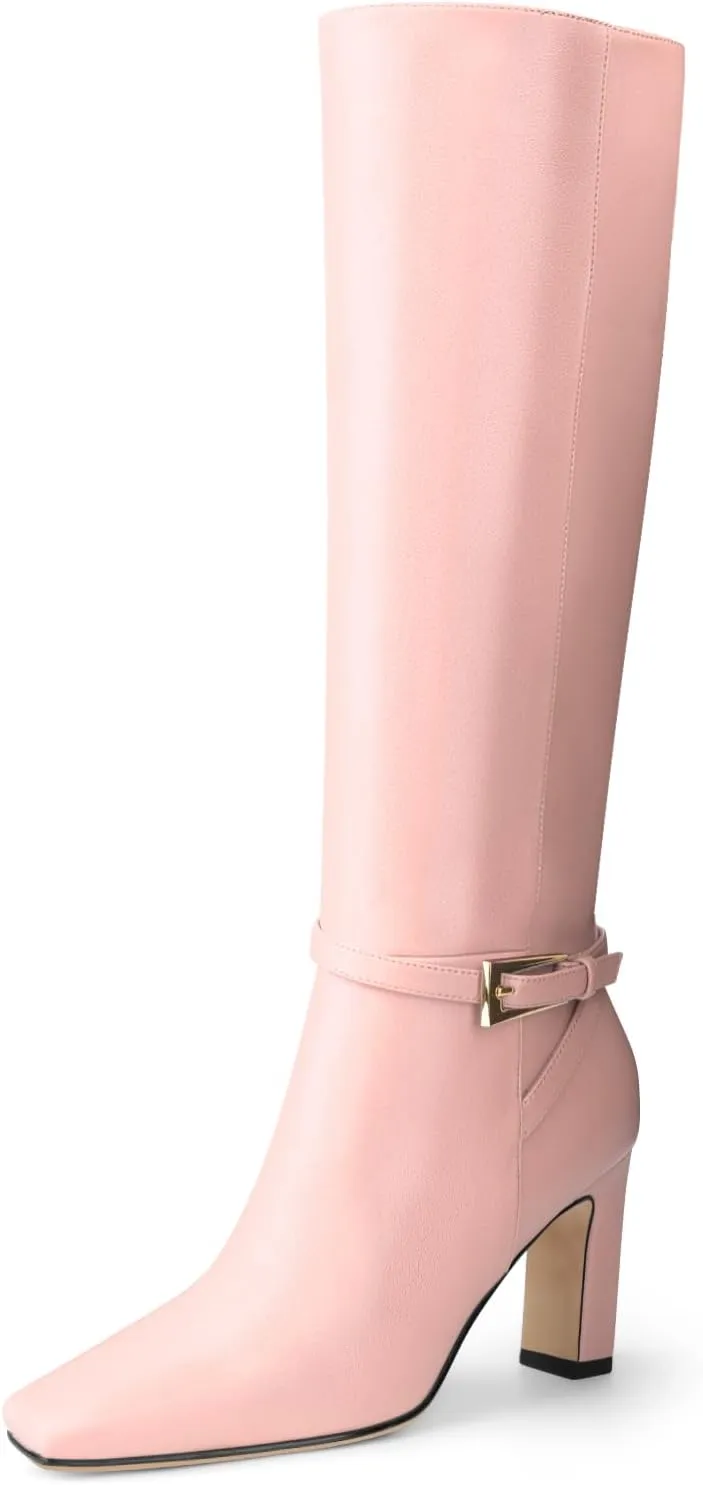 Oh Mispares Women's Knee High Boots Chunky Heel Square Toe Tall Boots Side Zipper Fashion Buckle Party Dress Long Boot for Girl
