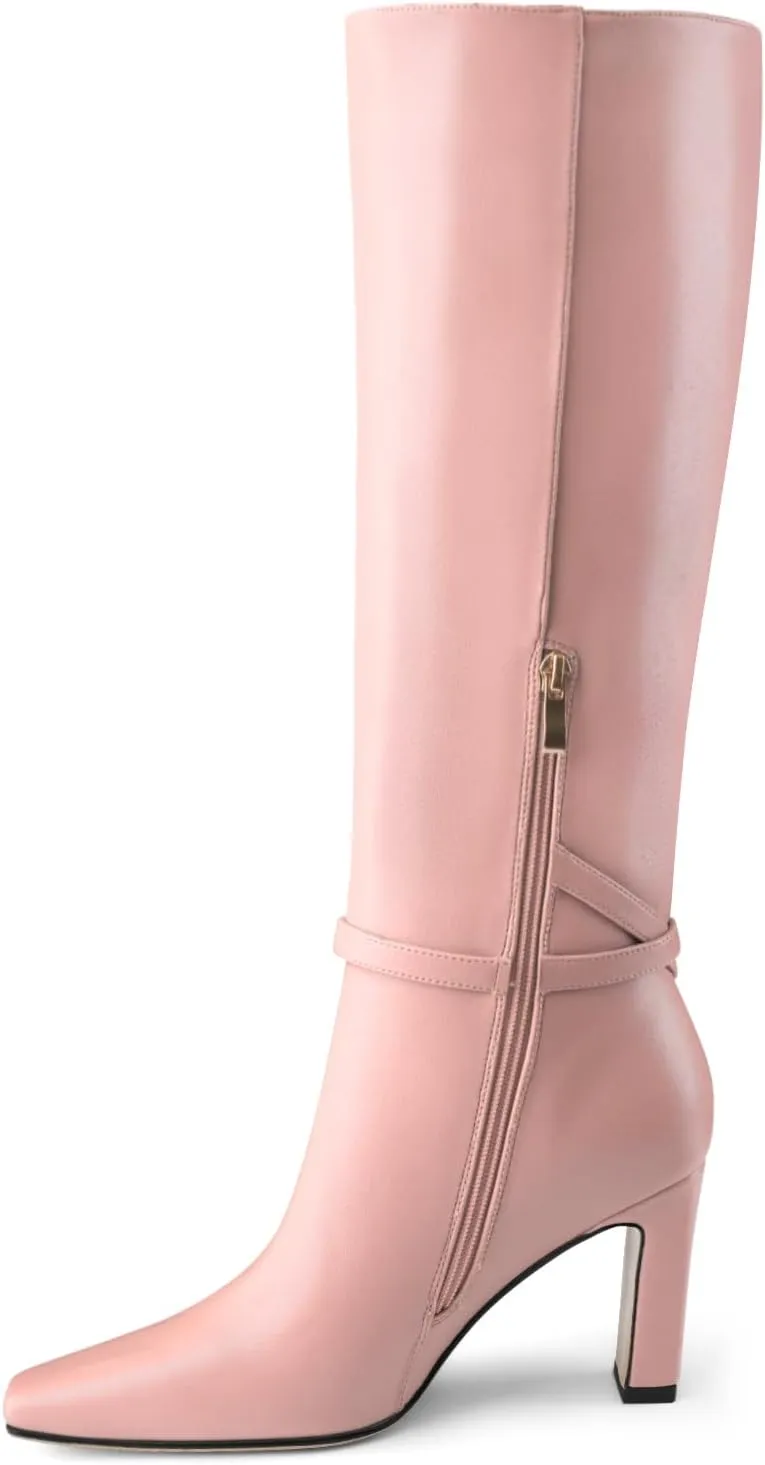 Oh Mispares Women's Knee High Boots Chunky Heel Square Toe Tall Boots Side Zipper Fashion Buckle Party Dress Long Boot for Girl
