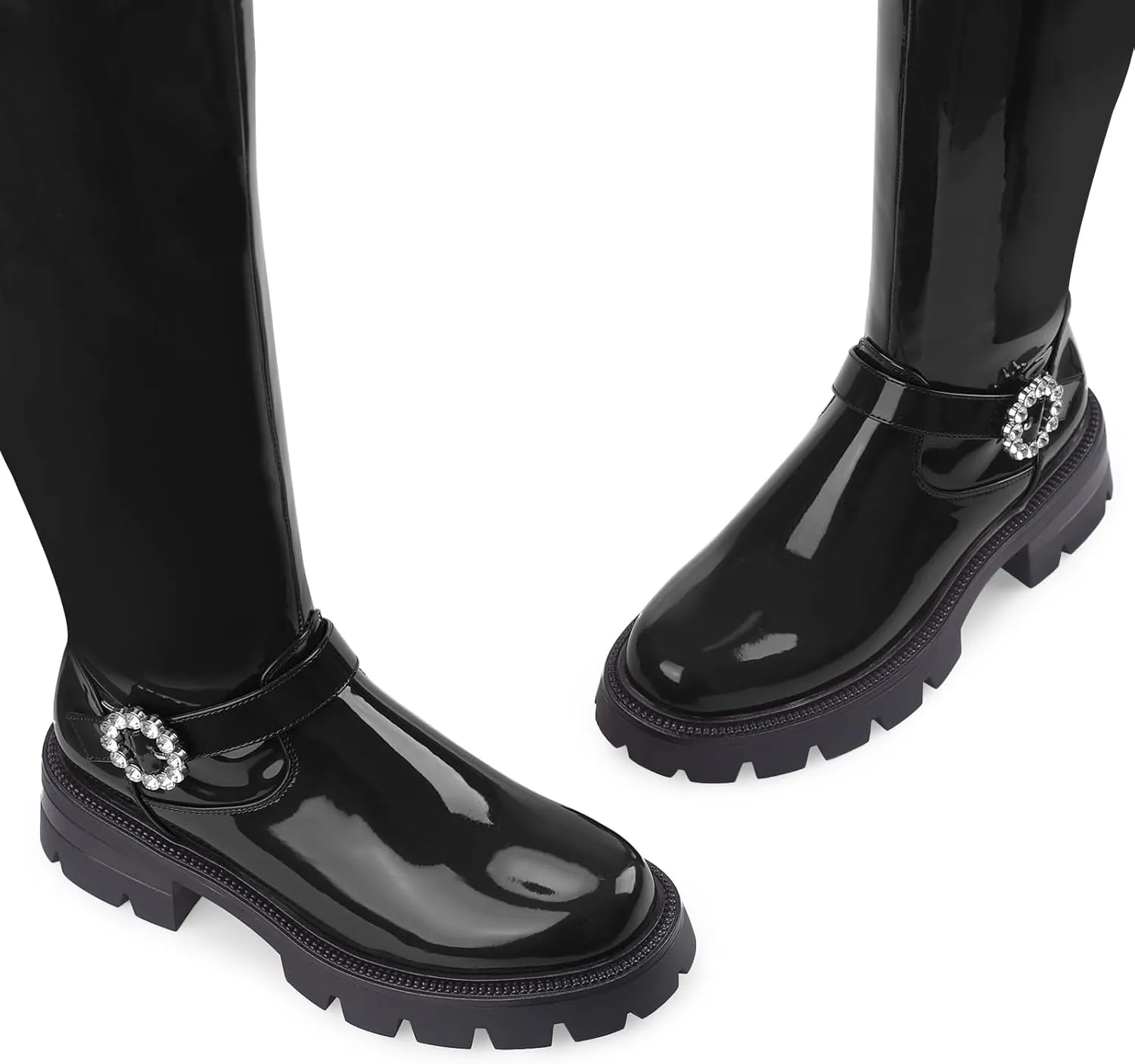Oh Mispares Womens Round Toe Knee High Boots Chunky Heel Lug Sole Riding Tall Boots Ankle Strap Faux Leather Cute Fall Winter Dress Moto Shoes 2 Inches Heels