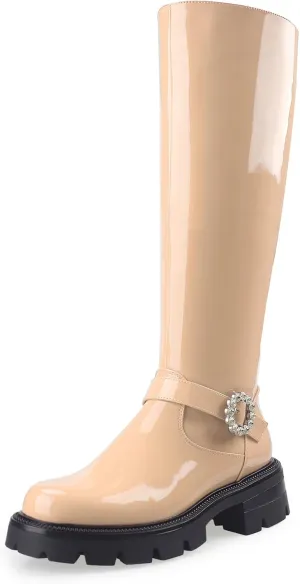 Oh Mispares Womens Round Toe Knee High Boots Chunky Heel Lug Sole Riding Tall Boots Ankle Strap Faux Leather Cute Fall Winter Dress Moto Shoes 2 Inches Heels