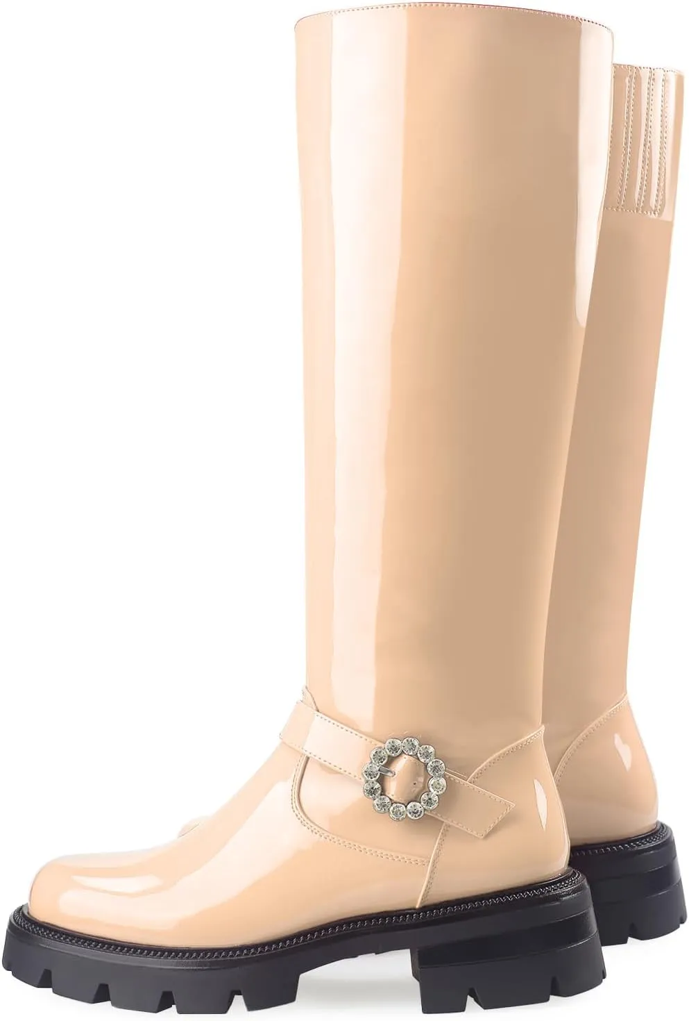 Oh Mispares Womens Round Toe Knee High Boots Chunky Heel Lug Sole Riding Tall Boots Ankle Strap Faux Leather Cute Fall Winter Dress Moto Shoes 2 Inches Heels