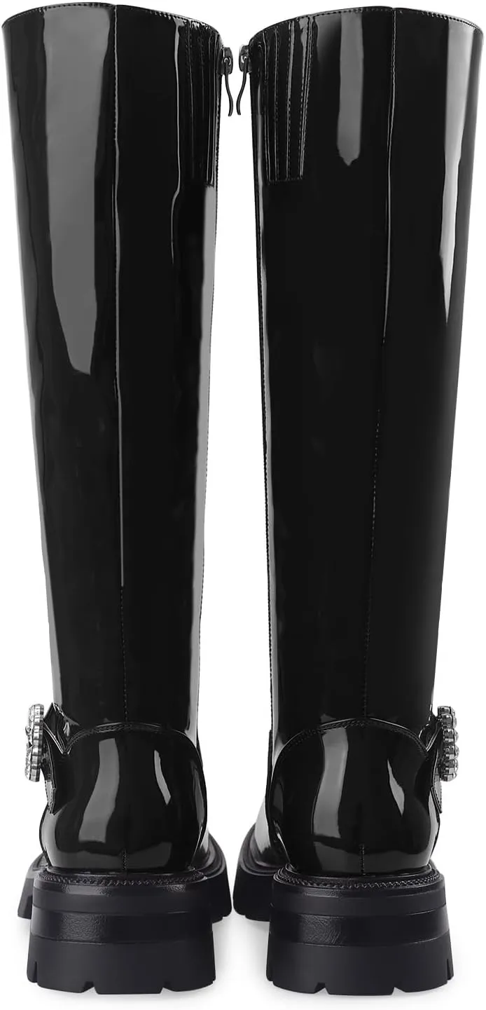 Oh Mispares Womens Round Toe Knee High Boots Chunky Heel Lug Sole Riding Tall Boots Ankle Strap Faux Leather Cute Fall Winter Dress Moto Shoes 2 Inches Heels