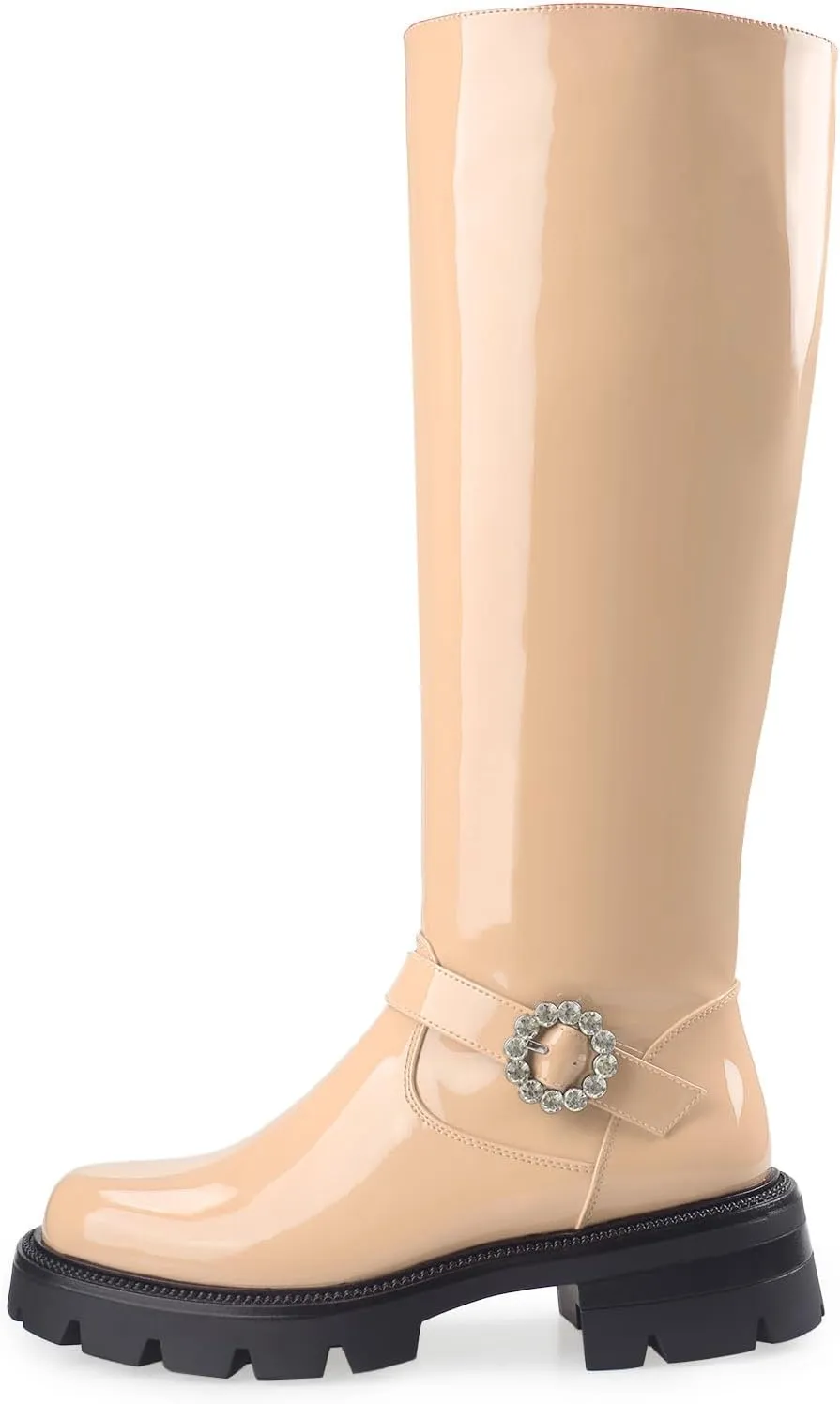 Oh Mispares Womens Round Toe Knee High Boots Chunky Heel Lug Sole Riding Tall Boots Ankle Strap Faux Leather Cute Fall Winter Dress Moto Shoes 2 Inches Heels