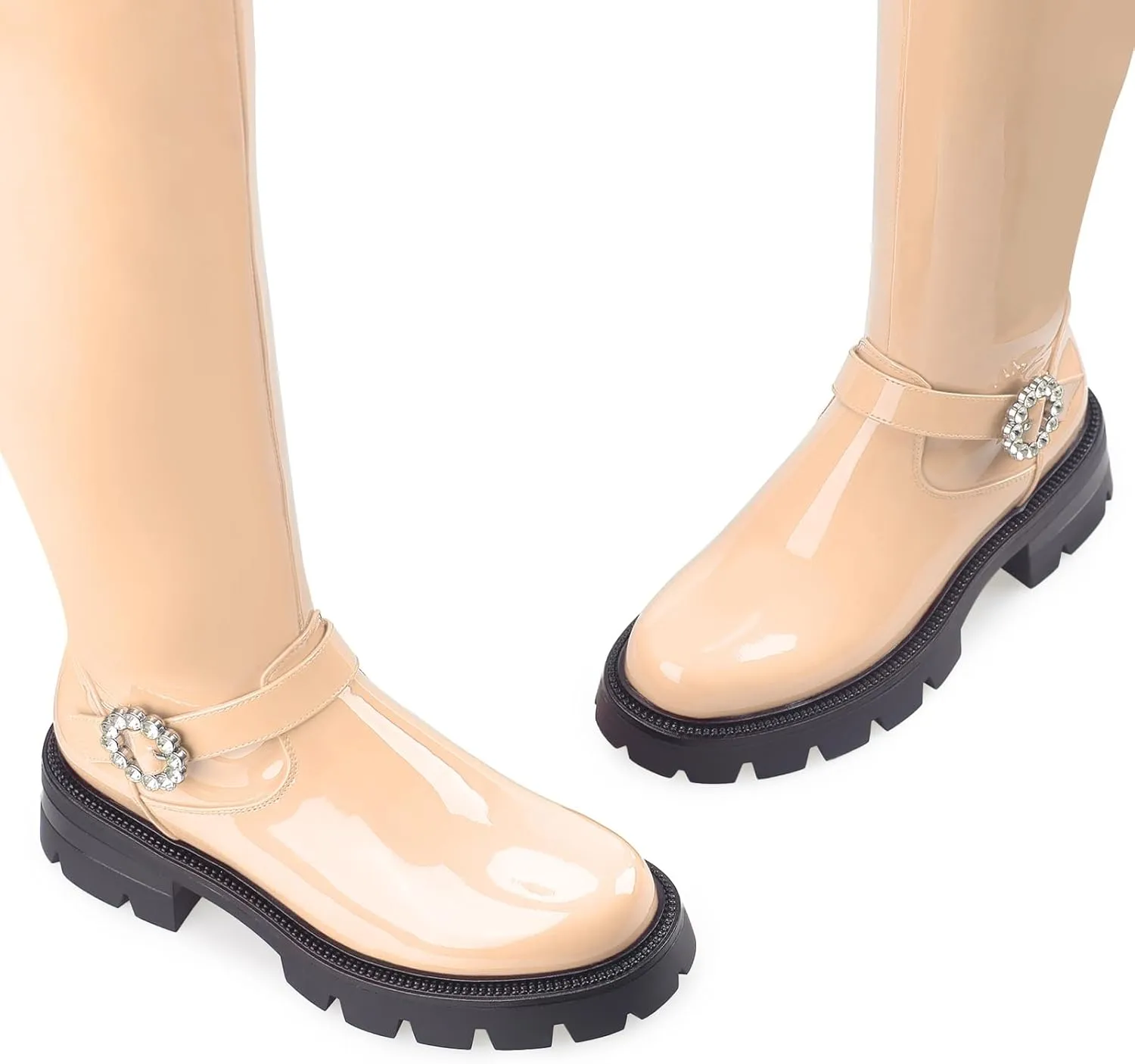 Oh Mispares Womens Round Toe Knee High Boots Chunky Heel Lug Sole Riding Tall Boots Ankle Strap Faux Leather Cute Fall Winter Dress Moto Shoes 2 Inches Heels