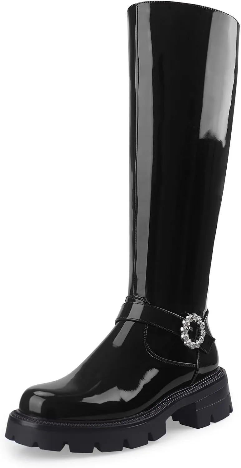 Oh Mispares Womens Round Toe Knee High Boots Chunky Heel Lug Sole Riding Tall Boots Ankle Strap Faux Leather Cute Fall Winter Dress Moto Shoes 2 Inches Heels