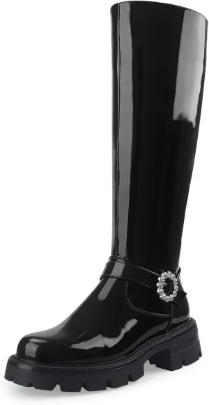 Oh Mispares Womens Round Toe Knee High Boots Chunky Heel Lug Sole Riding Tall Boots Ankle Strap Faux Leather Cute Fall Winter Dress Moto Shoes 2 Inches Heels