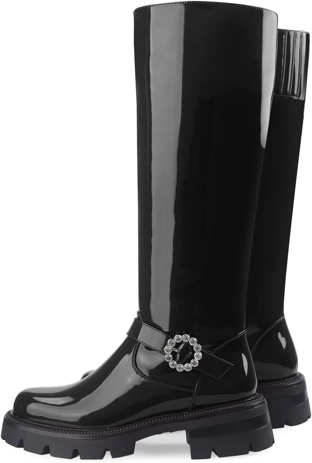 Oh Mispares Womens Round Toe Knee High Boots Chunky Heel Lug Sole Riding Tall Boots Ankle Strap Faux Leather Cute Fall Winter Dress Moto Shoes 2 Inches Heels