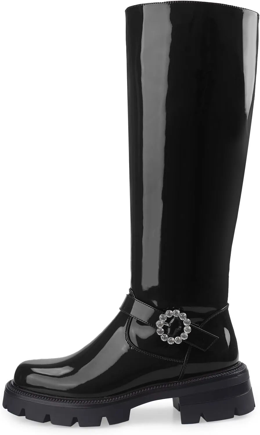 Oh Mispares Womens Round Toe Knee High Boots Chunky Heel Lug Sole Riding Tall Boots Ankle Strap Faux Leather Cute Fall Winter Dress Moto Shoes 2 Inches Heels