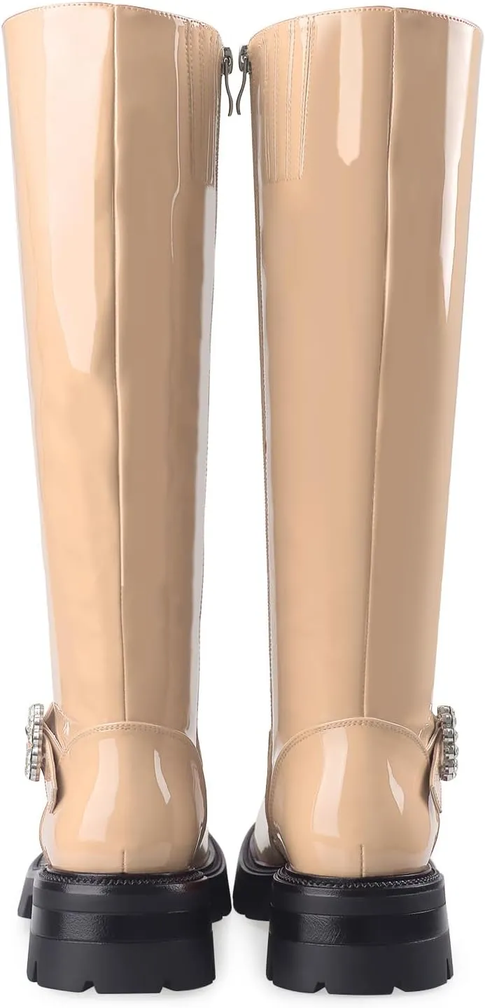 Oh Mispares Womens Round Toe Knee High Boots Chunky Heel Lug Sole Riding Tall Boots Ankle Strap Faux Leather Cute Fall Winter Dress Moto Shoes 2 Inches Heels