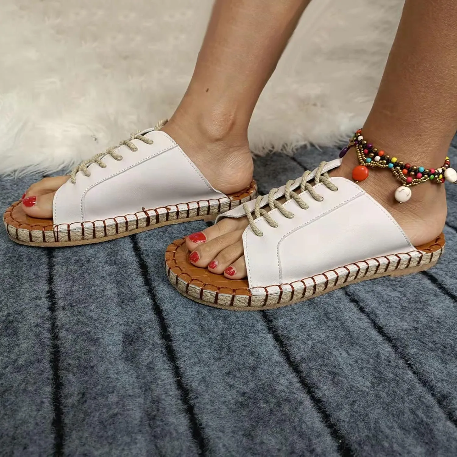 oiangi Beach Sandals for Women Flat Slippers Casual Summer Floral Print Open Toe Hemp Rope Straps Lace Up Platform Shoes Comfortable Slide Sandalias