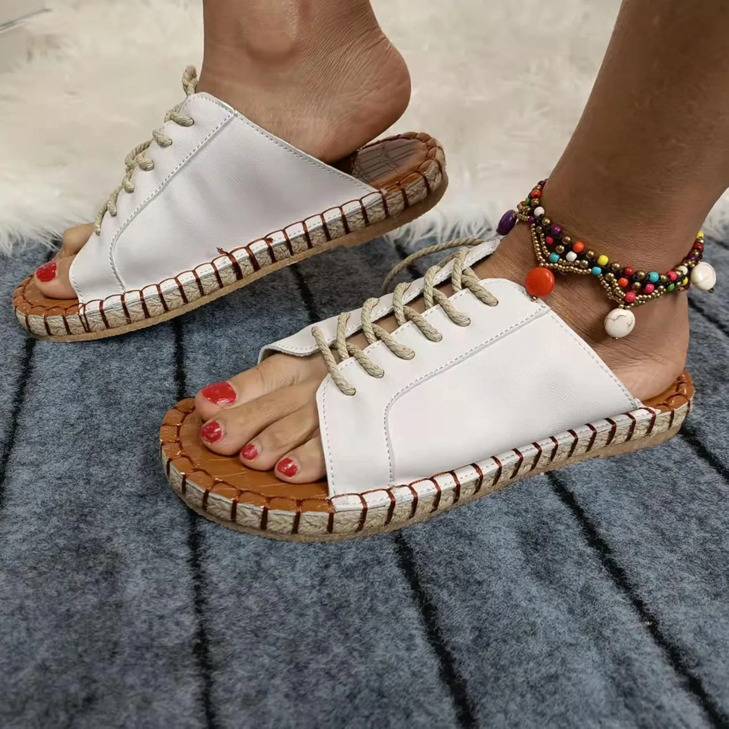 oiangi Beach Sandals for Women Flat Slippers Casual Summer Floral Print Open Toe Hemp Rope Straps Lace Up Platform Shoes Comfortable Slide Sandalias