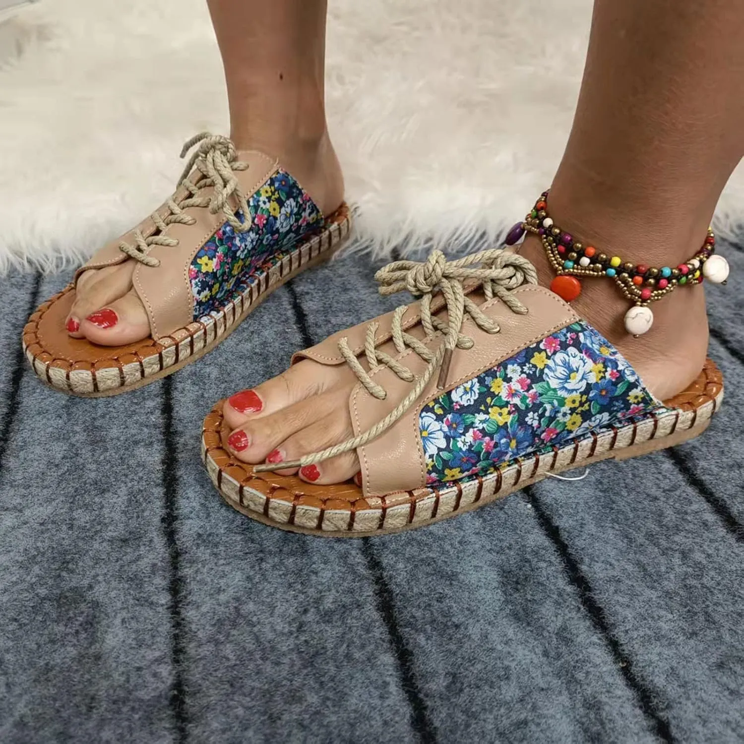 oiangi Beach Sandals for Women Flat Slippers Casual Summer Floral Print Open Toe Hemp Rope Straps Lace Up Platform Shoes Comfortable Slide Sandalias