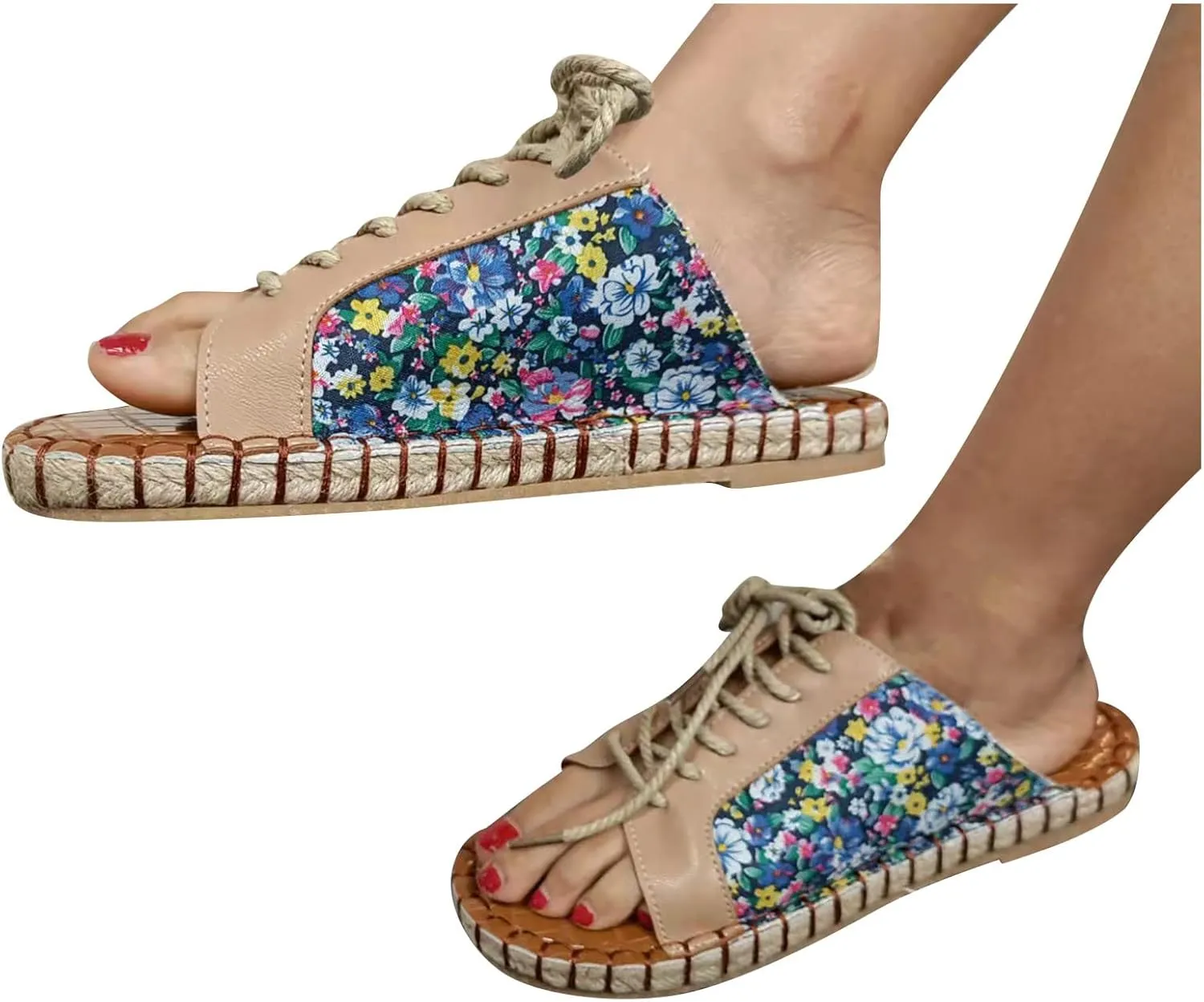 oiangi Beach Sandals for Women Flat Slippers Casual Summer Floral Print Open Toe Hemp Rope Straps Lace Up Platform Shoes Comfortable Slide Sandalias