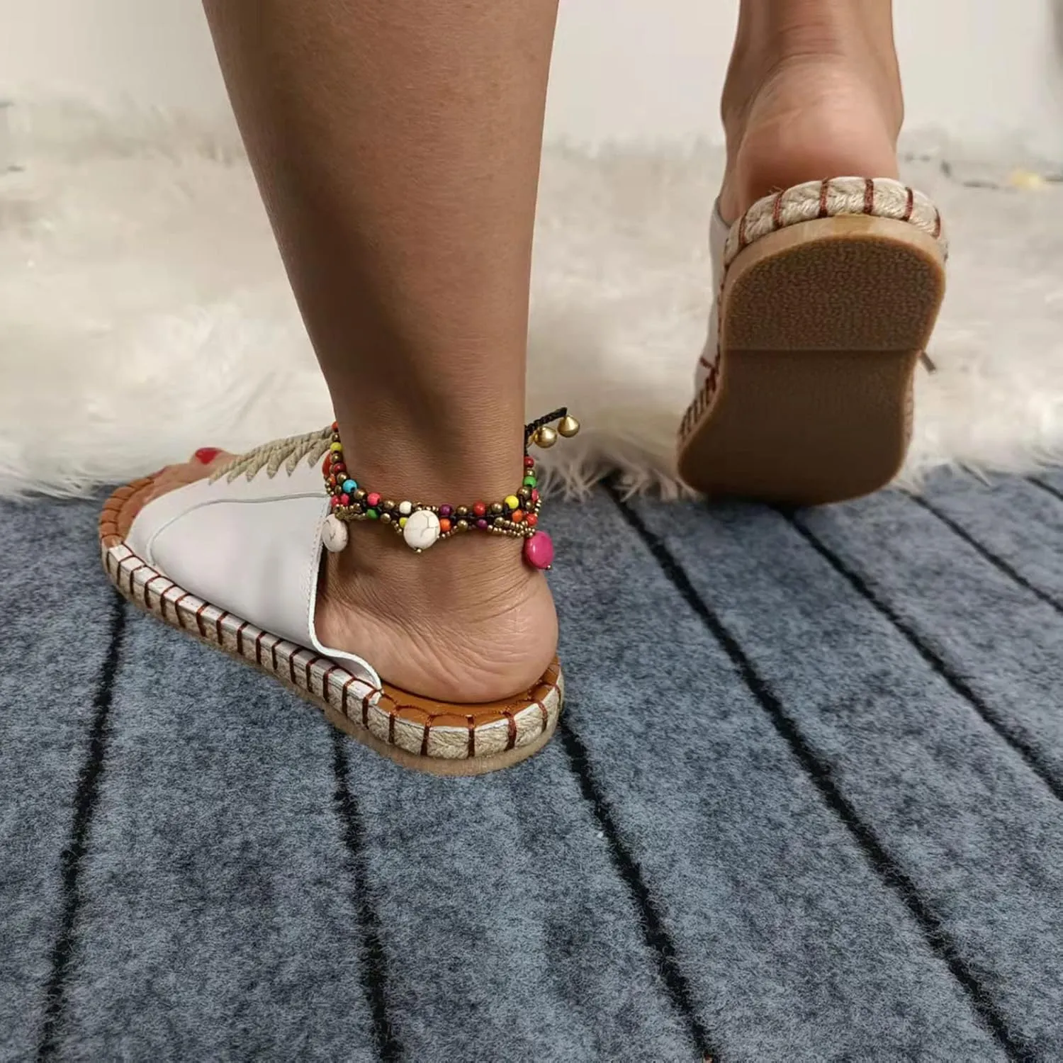 oiangi Beach Sandals for Women Flat Slippers Casual Summer Floral Print Open Toe Hemp Rope Straps Lace Up Platform Shoes Comfortable Slide Sandalias