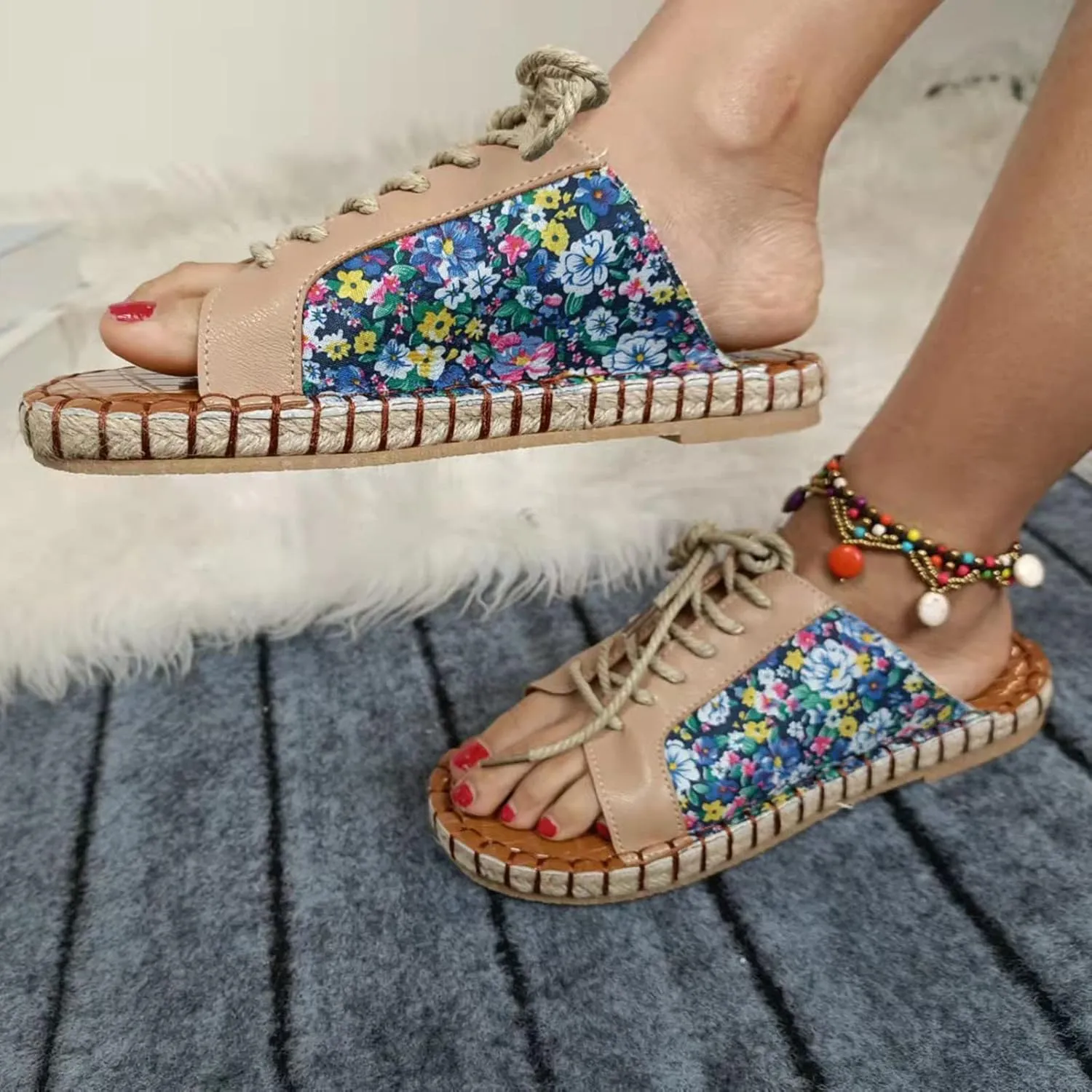 oiangi Beach Sandals for Women Flat Slippers Casual Summer Floral Print Open Toe Hemp Rope Straps Lace Up Platform Shoes Comfortable Slide Sandalias