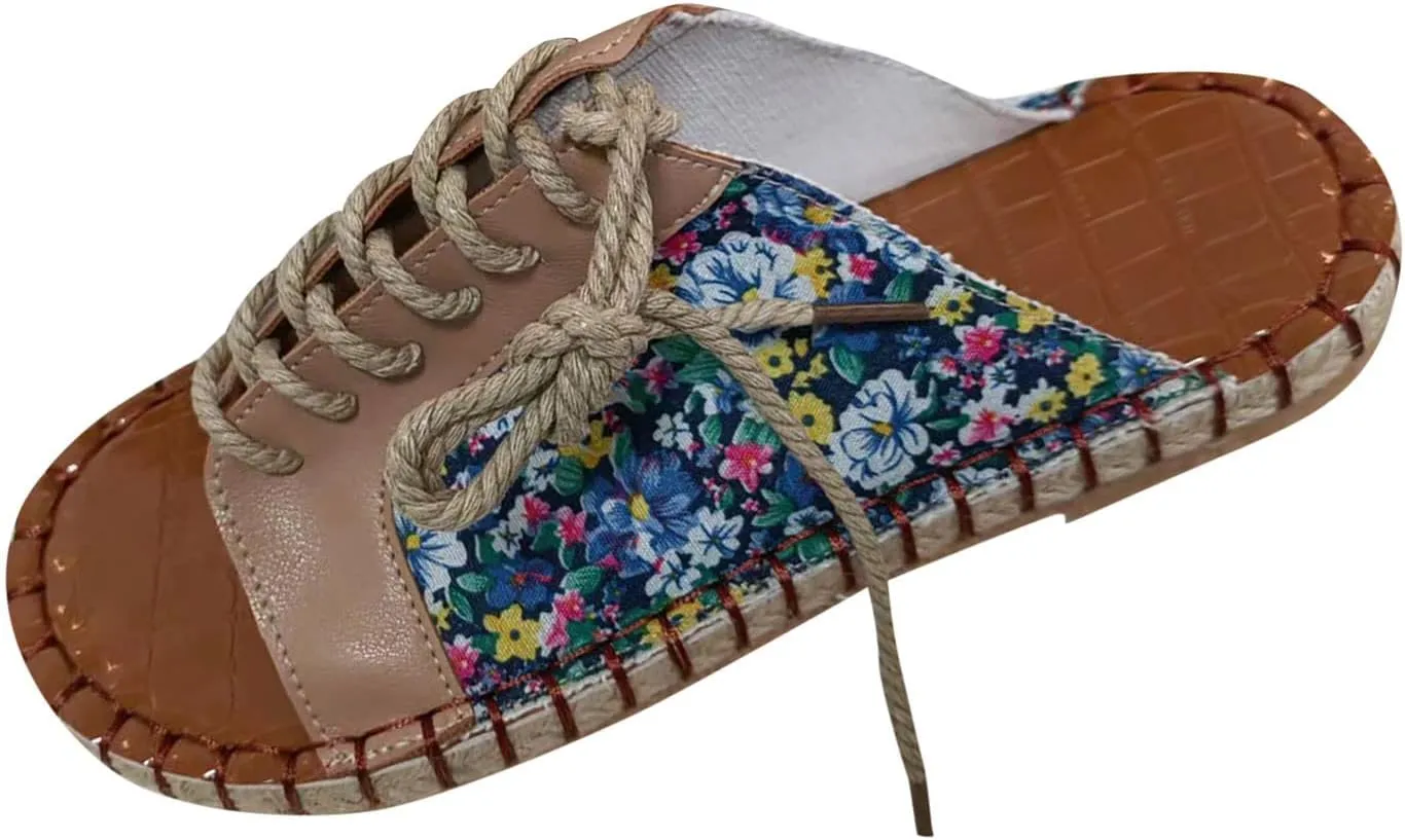 oiangi Beach Sandals for Women Flat Slippers Casual Summer Floral Print Open Toe Hemp Rope Straps Lace Up Platform Shoes Comfortable Slide Sandalias