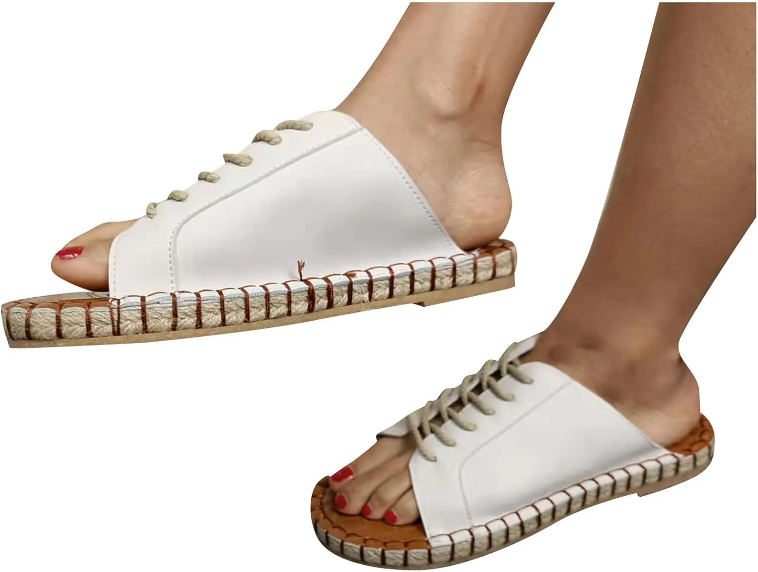 oiangi Beach Sandals for Women Flat Slippers Casual Summer Floral Print Open Toe Hemp Rope Straps Lace Up Platform Shoes Comfortable Slide Sandalias