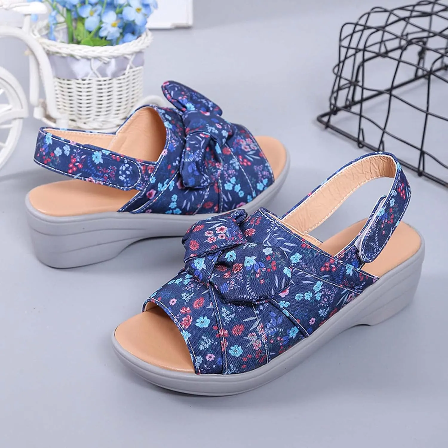 oiangi Bow Platform Sandals for Women Casual Summer Fish Mouth Open Toe Slingback Slipper Solid Comfortable Hook-and-Loop Beach Shoes Sandalias