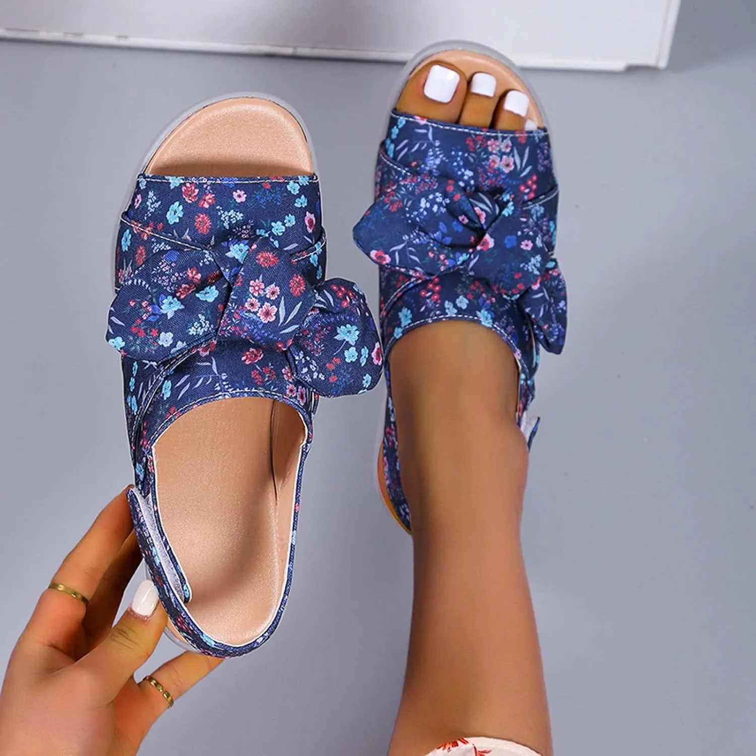 oiangi Bow Platform Sandals for Women Casual Summer Fish Mouth Open Toe Slingback Slipper Solid Comfortable Hook-and-Loop Beach Shoes Sandalias